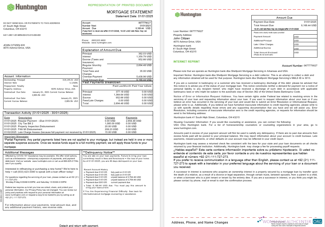 Download USA Ohio Huntington bank mortgage statement in Word and PDF formats, 3 pages 1 2 Photoshop template